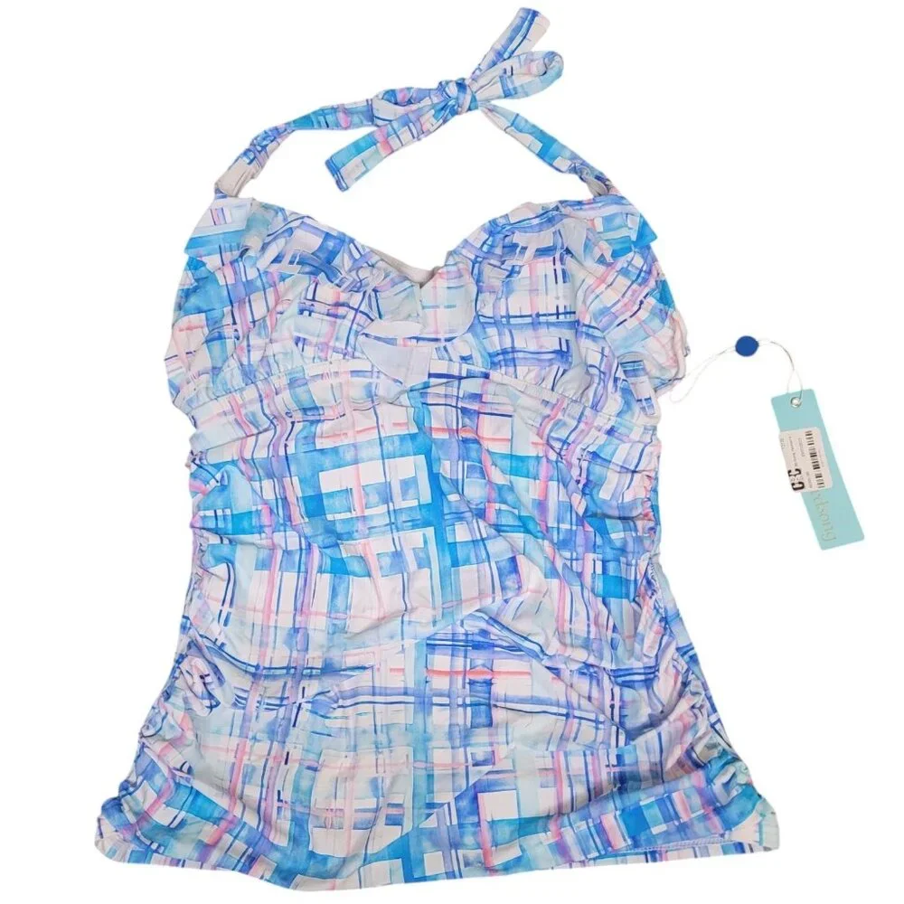 Birdsong Size 32DD Ruffle‎ Halter Underwire Tankini Swim Top Coastal Plaid